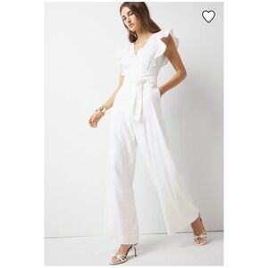 White House Black Market Womens 12 Jumpsuit Linen Blend Wide Leg Flutter Sleeve